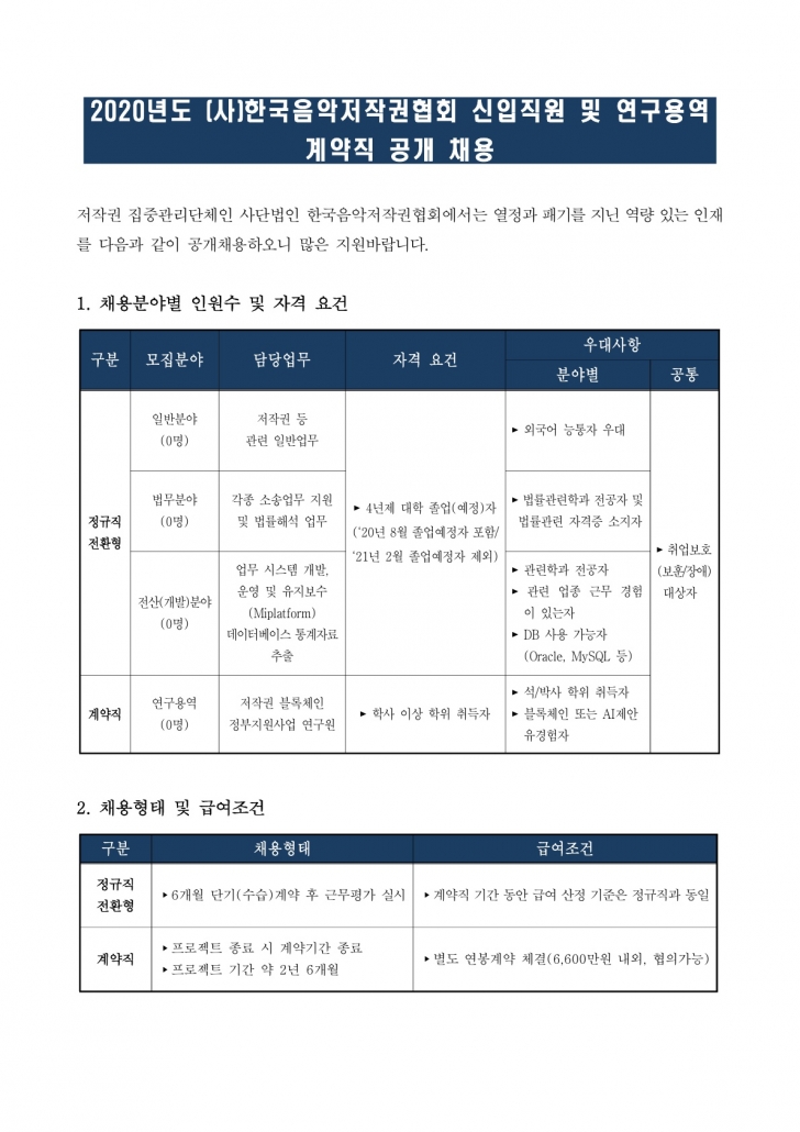 2020년도 사)한국음악저작권협회 신입직원 및 연구용역 계약직 채용 공고_1